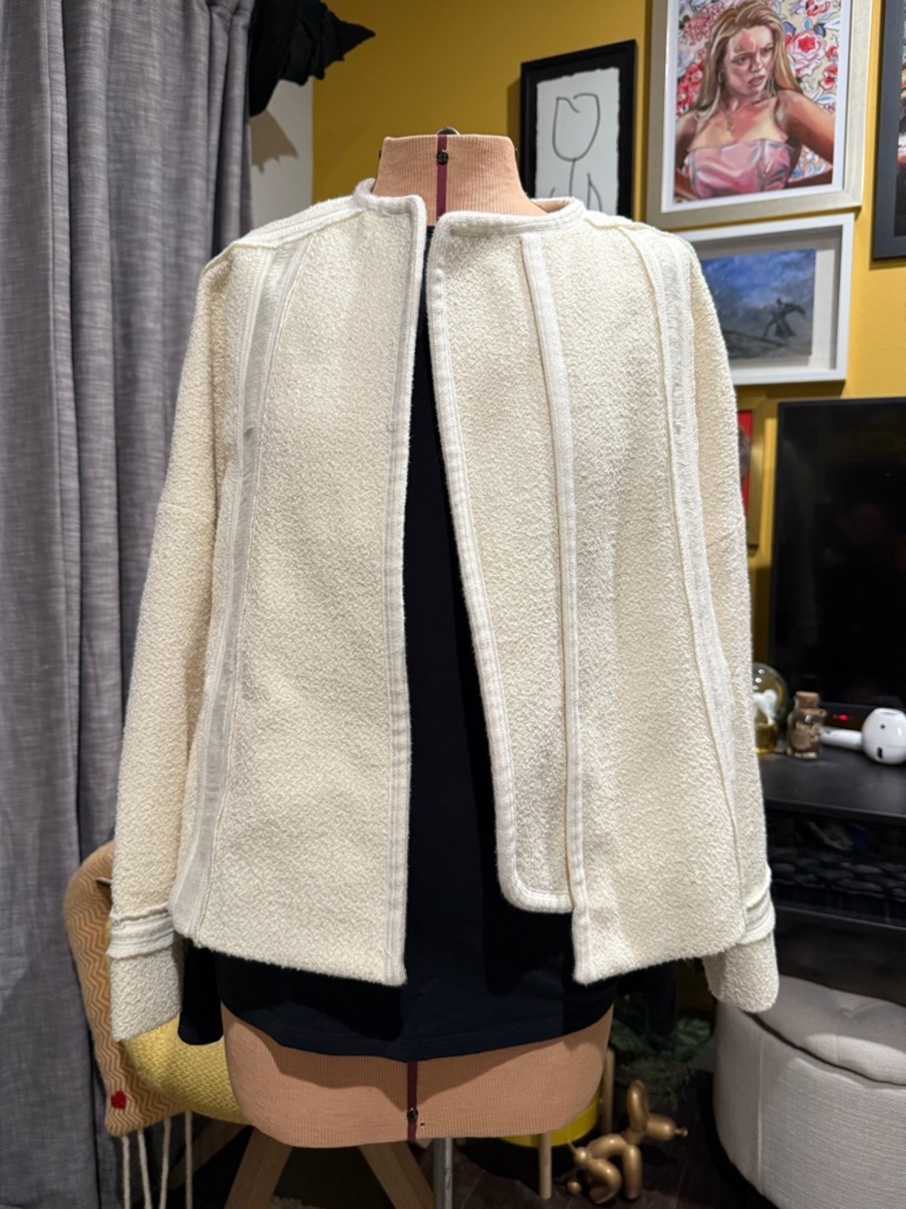 Vince Cream Open-Front Textured Teddy Jacket